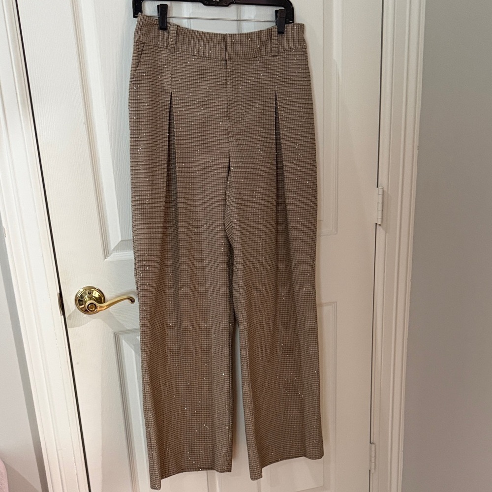 Elegant Tan Women's Pants wide leg plaid sequin stretch waist on 34th medium